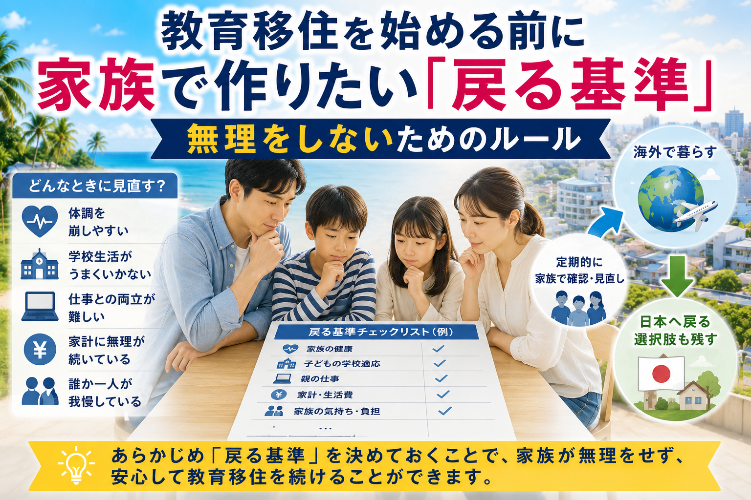 教育移住を始める前に家族で作りたい「戻る基準」を表現したサムネイル。家族がチェックリストを確認し、健康、子どもの学校生活、親の仕事、家計、家族の負担などを整理している。海外で暮らし続ける選択と日本へ戻る選択肢の両方を示し、無理をしないために家族で判断基準を考えるイメージ。