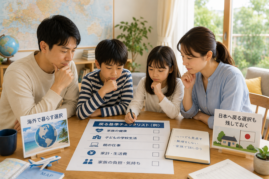 教育移住を始める前に家族で作りたい「戻る基準」を考える家族のイメージ。ホワイトボードや大きな紙に健康、学校、仕事、家計などの項目を整理し、家族で無理のない海外生活と将来の帰国を含めた判断基準を確認している様子。文字やタイトルは入っていない。