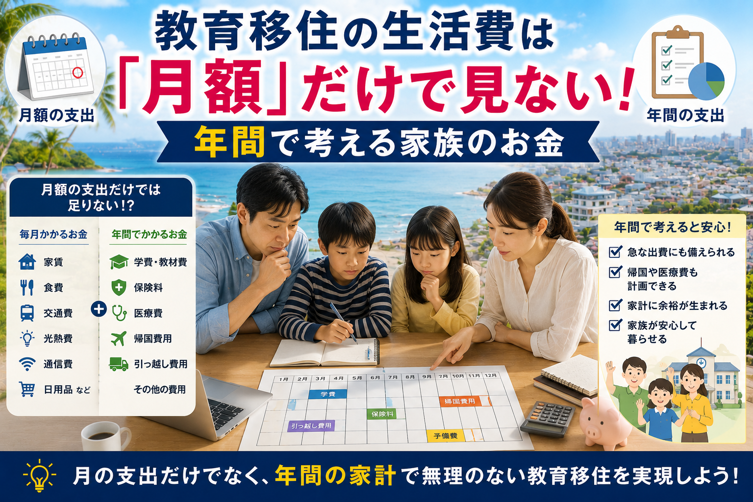 教育移住の生活費を月額だけでなく年間で考える家族。12か月のカレンダーを中心に、家賃・食費などの毎月の支出と、学費・保険・医療費・帰国費用・引っ越し費用など年間で発生する支出を整理しているイメージ。