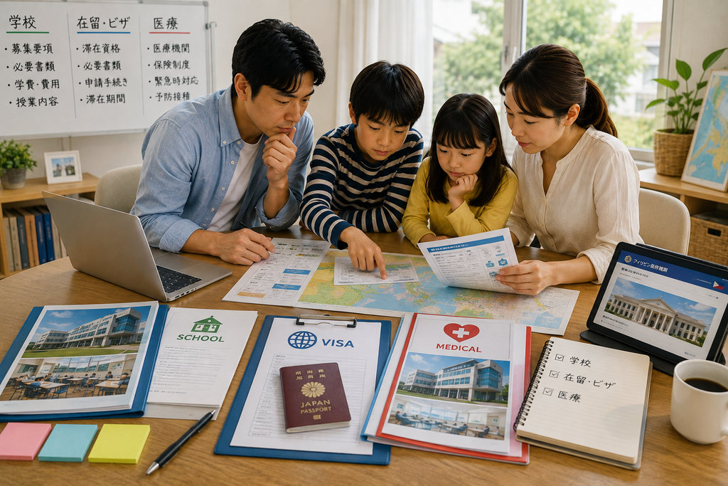 教育移住を考える家族が、学校・在留・医療に関する情報をそれぞれ別の場所で確認している様子。学校ではスタッフと話し、在留関連では書類を確認し、医療については病院や保険に関する資料を確認するなど、3分野を分けて情報収集しているイメージ。文字なし。