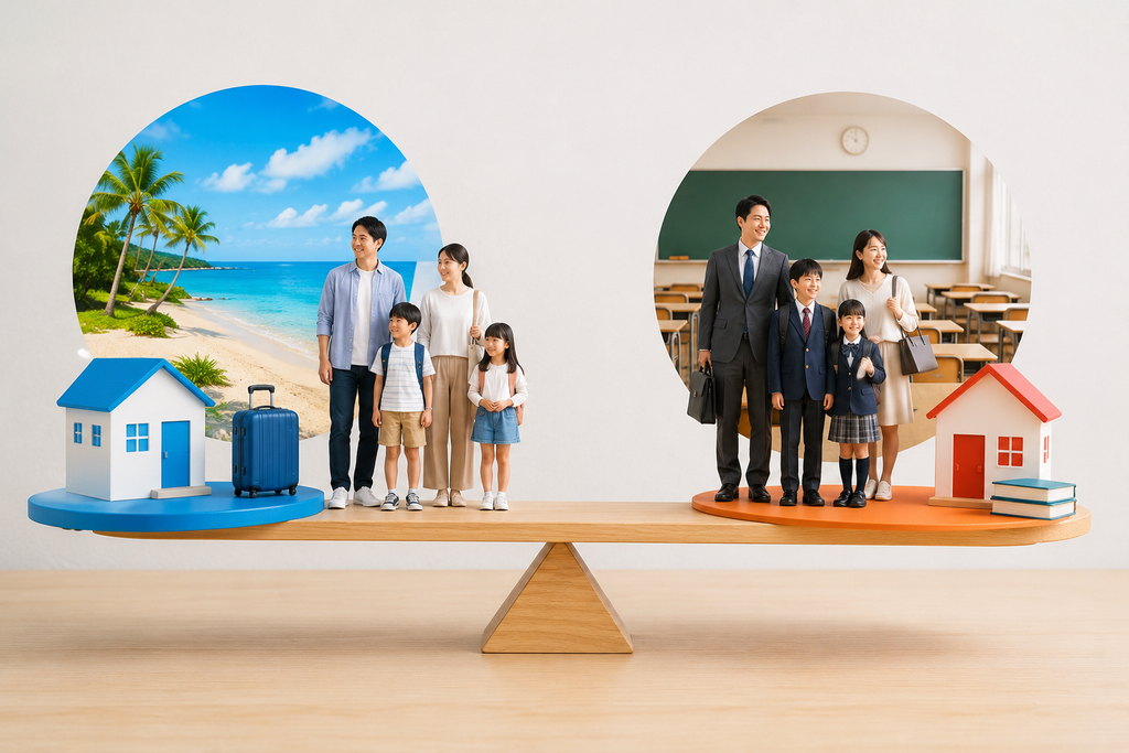親子留学から教育移住へ進む家庭と、進まない家庭を正面から描いたイメージ。左右に異なる家族の選択を表現し、片方は海外での生活を続け、もう片方は日本での生活へ戻る様子を穏やかに描いている。どちらにも優劣をつけず、それぞれの家族に合った選択があることを表現した文字なしの画像。