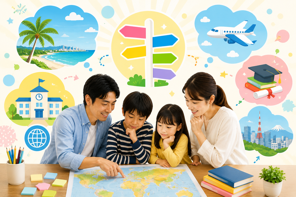 教育移住を「移住すること」自体を目的にせず、子どもの学びや将来の進路、家族の暮らしを考えるイメージ。親子が異なる方向を向きながら、それぞれの可能性や選択肢を考えている様子を、文字なしで表現した画像。