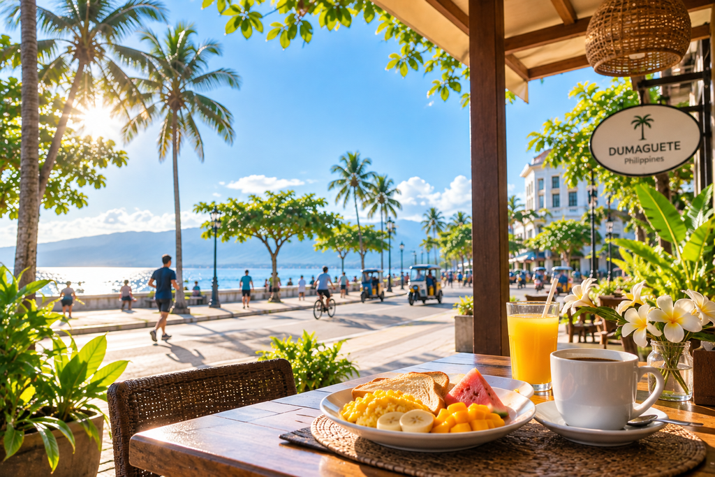 ゥマゲッティの海沿いで迎える明るい朝の風景。手前のカフェテラスには朝食とコーヒーが並び、奥にはヤシの木、海、山、トライシクルや散歩する人々が見える、親子留学の朝時間をイメージした風景。