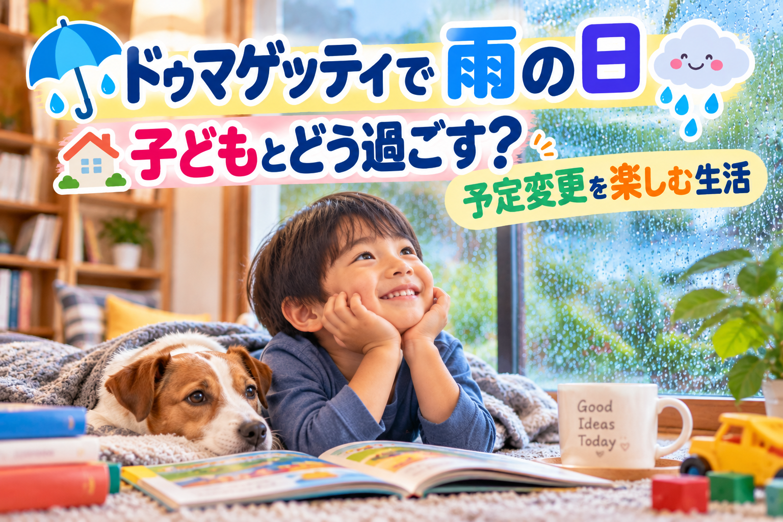 ドゥマゲッティの雨の日、室内で本を読んだり遊んだりしながらゆったり過ごす子どもの様子。雨に濡れた窓の外を背景に、絵本やおもちゃ、傘や雨雲のイラストを添えた、親子留学の「予定変更を楽しむ生活」を表現した