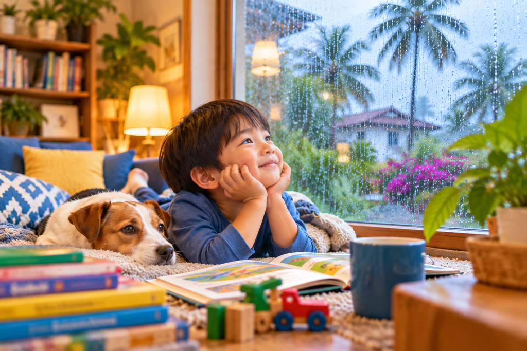 ドゥマゲッティの雨の日、雨に濡れた窓のそばで子どもが犬と一緒に絵本やおもちゃを楽しみながら過ごしている室内風景。ヤシの木や南国の住宅が見える窓、温かな照明や植物を配した、予定変更を楽しむ親子