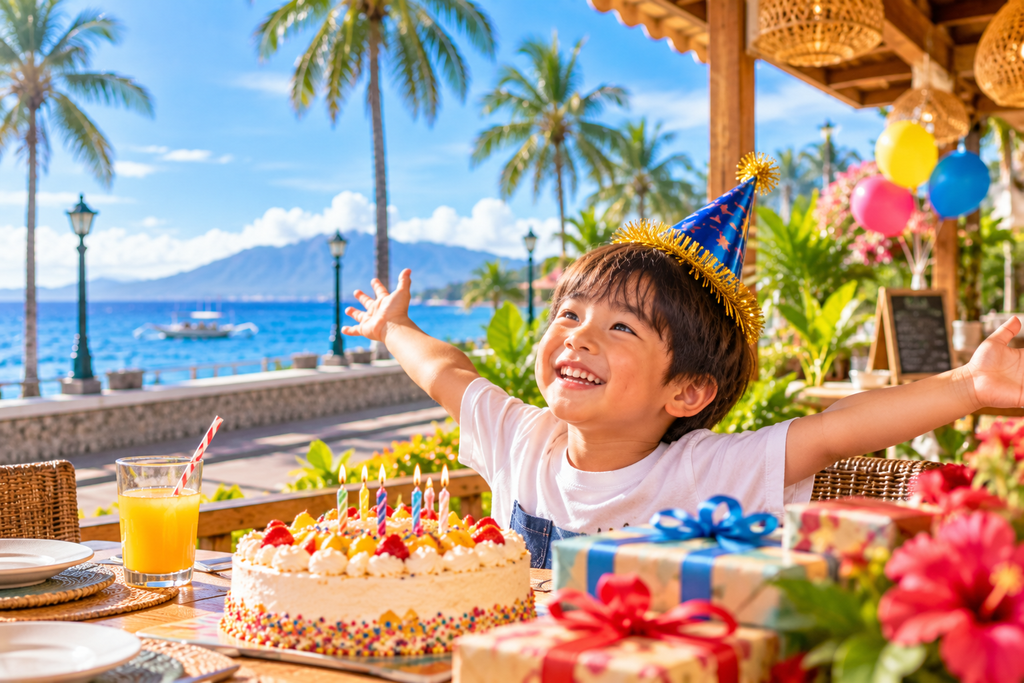 ドゥマゲッティの海沿いにある南国のカフェで、子どもが誕生日ケーキやプレゼントに囲まれながら笑顔で楽しんでいる風景。ヤシの木や青い海、遠くの山々を背景に、海外で家族の誕生日を祝う温かく明るい雰囲気を表現した写真風イメージ。