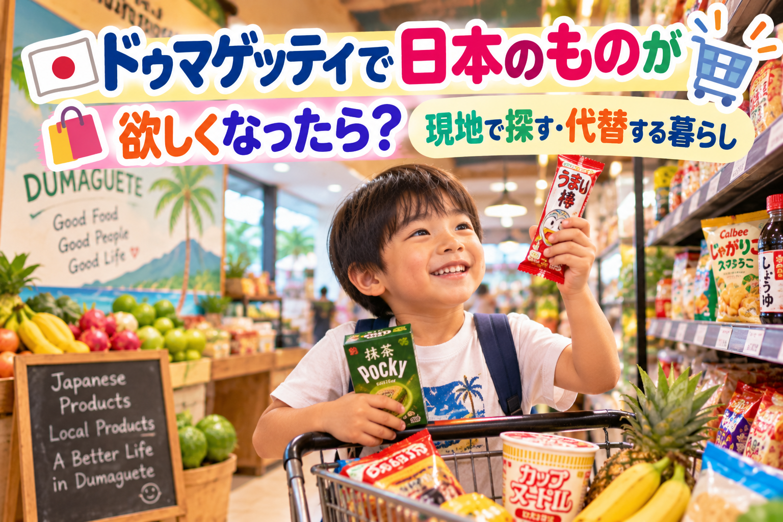 ドゥマゲッティのスーパーマーケットで、子どもが買い物カートを押しながら日本のお菓子を手にして笑顔で楽しんでいる様子。日本の商品と現地の商品、南国の果物が並ぶ明るい店内を背景に、海外生活で日本のものを探したり現地の商品で代替したりする暮らしを表現した