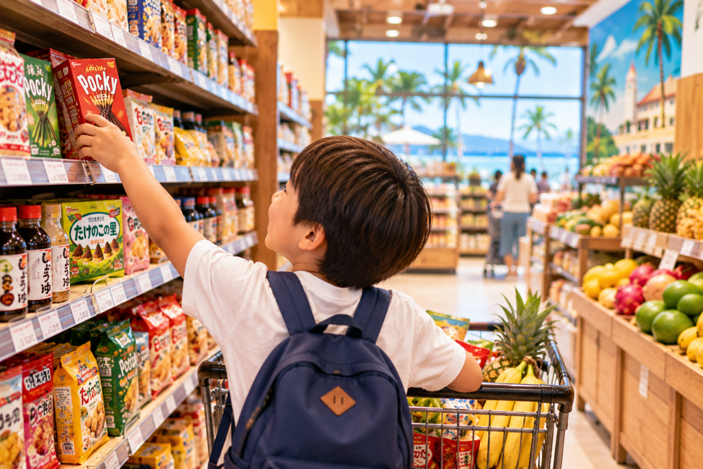 ドゥマゲッティのスーパーマーケットで、子どもが買い物カートを押しながら日本のお菓子を手にして笑顔で楽しんでいる様子。日本の商品と現地の商品、南国の果物が並ぶ明るい店内を背景に、海外生活で日本のものを探したり現地の商品で代替したりする暮らしを表現した