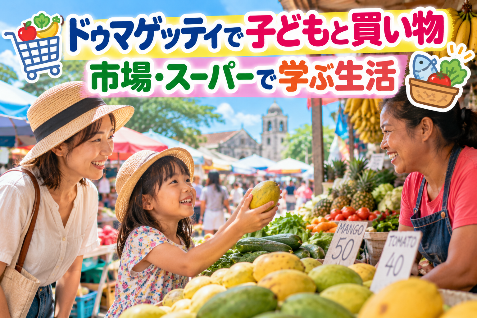 ドゥマゲッティの南国のベランダで、子どもが後ろ姿で洗濯物を干している様子。カラフルな衣類や洗濯かご、植物があり、背景には青い海と山々が広がる明るい海外生活の洗濯風景。