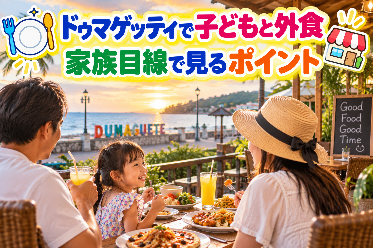 ドゥマゲッティの海辺の明るいレストランで、子どもが笑顔で食事を楽しんでいる様子。テーブルには料理やフルーツ、ジュースが並び、背景には青い海とヤシの木が広がる、親子留学での家族の外食と店選びをイメージ