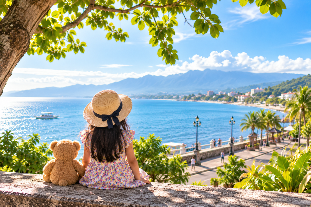 ドゥマゲッティの海辺を子どもの後ろ姿から眺めている風景。帽子をかぶった女の子とテディベアが並んで座り、青い海、海岸沿いの街並み、ヤシの木、遠くの山々が広がる明るく開放的な南国の風景を表現した画像。