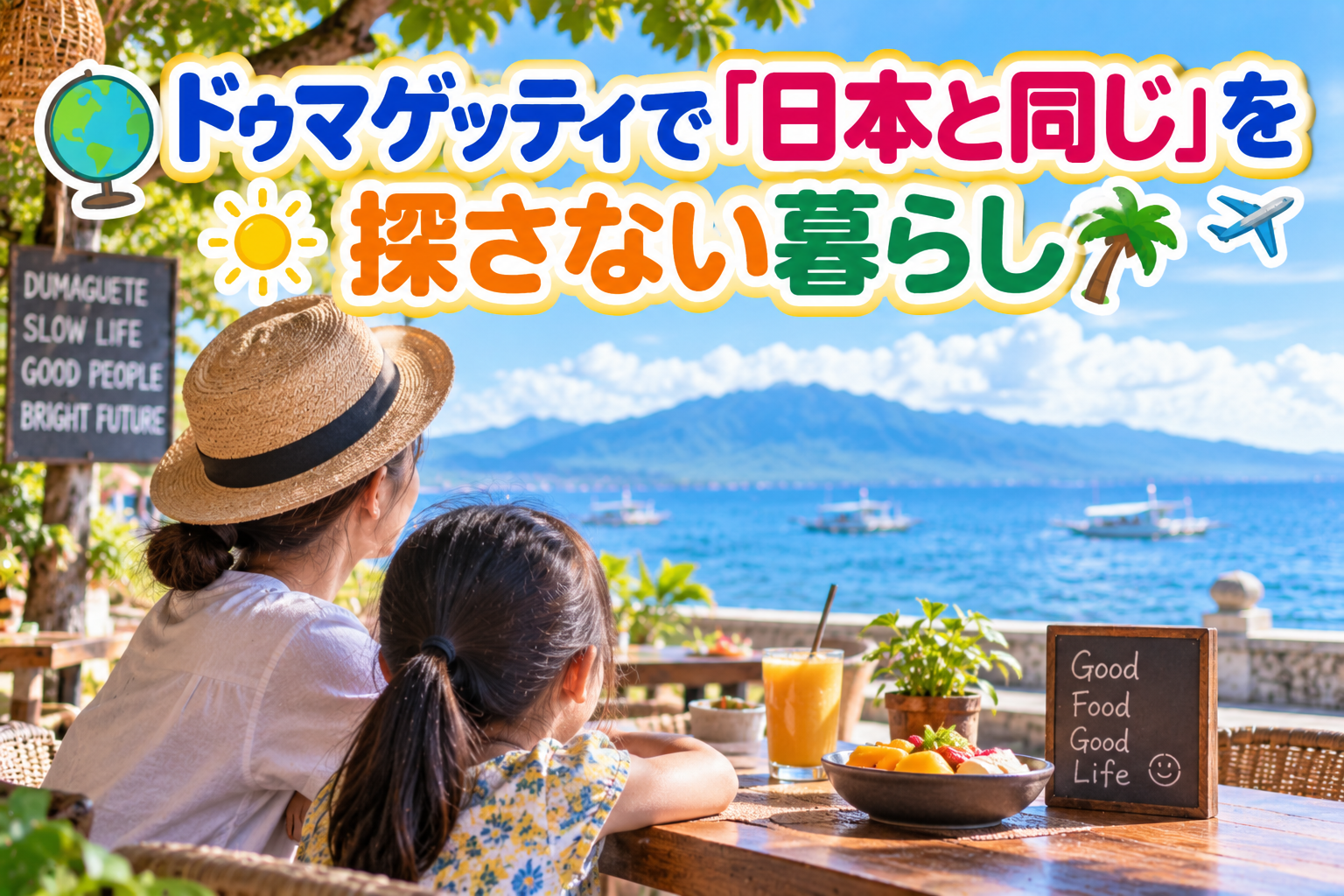 ドゥマゲッティの海辺のカフェで、母親と子どもが後ろ姿で青い海と遠くの山々を眺めている様子。木製テーブルには南国らしい料理や飲み物が並び、ヤシの木や明るい空を背景に、日本と同じ暮らしを求めるのではなく、現地との違いを楽しむ海外生活をイメージ