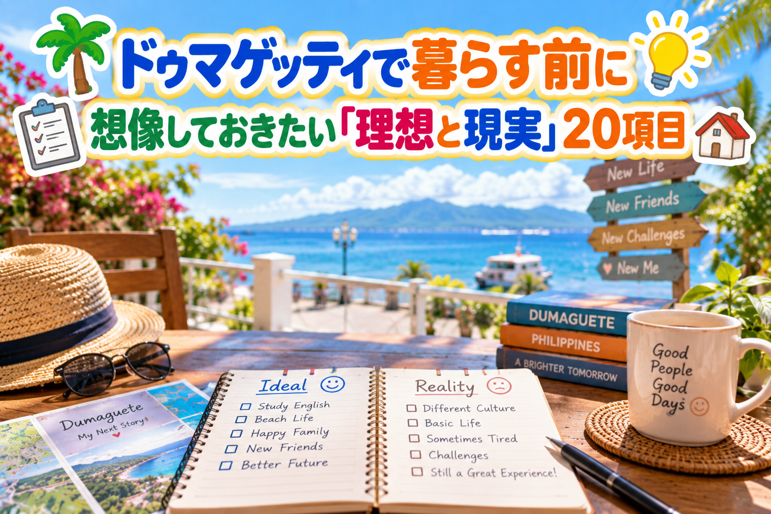 ドゥマゲッティの海を望む明るい南国のカフェテーブルに、ノート、地図、帽子、サングラス、本、コーヒーなどが並び、背景には青い海と遠くの山々が広がっている様子。「理想と現実」を整理しながら、親子留学前に実際の海外生活を想像することをイメージ