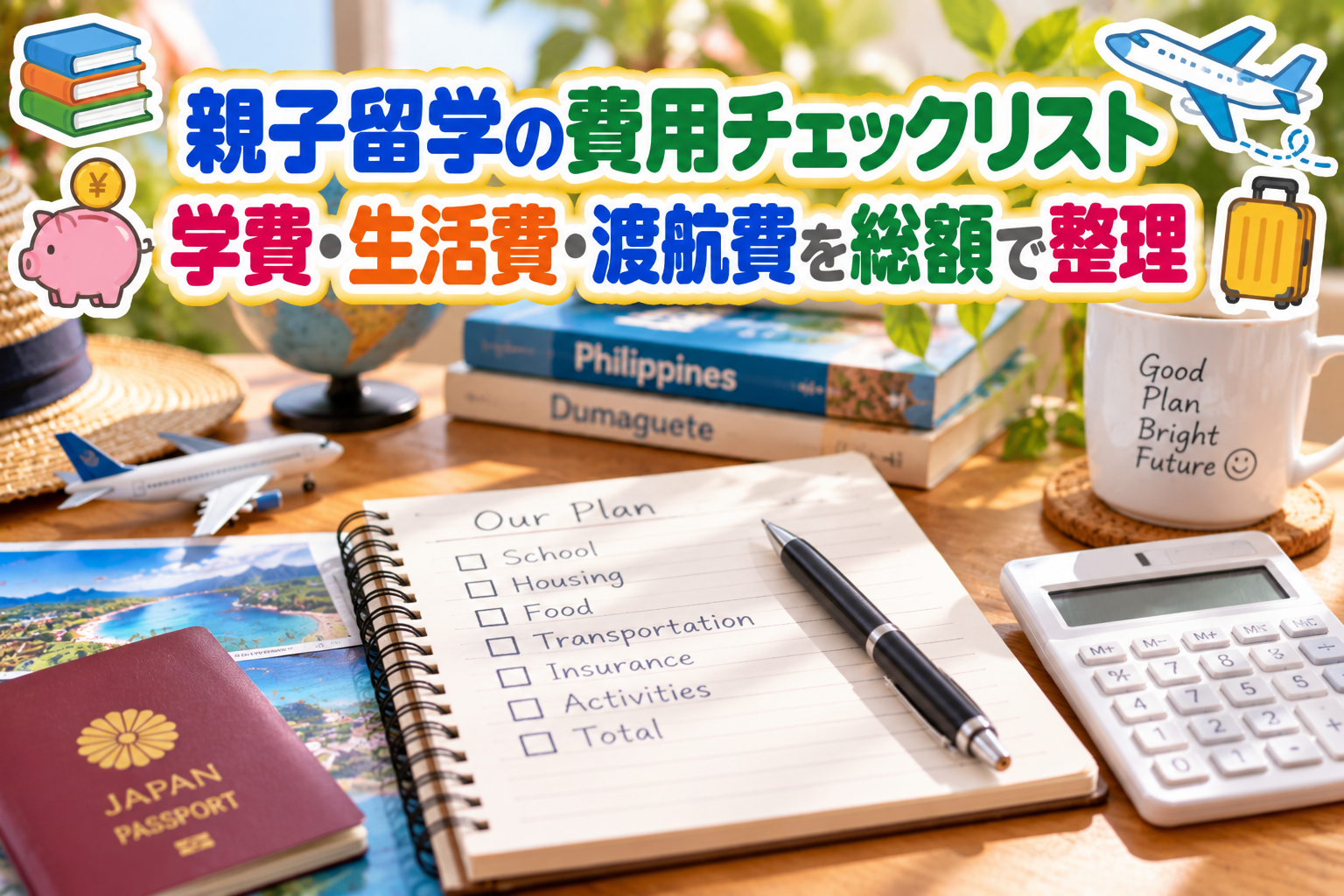 青空の下の明るい木製デスクに、電卓、筆記用具、ノート、チェックリスト、パスポート、地図などが並んでいる様子。親子留学にかかる学費・生活費・渡航費を整理し、総額を計算するイメージ