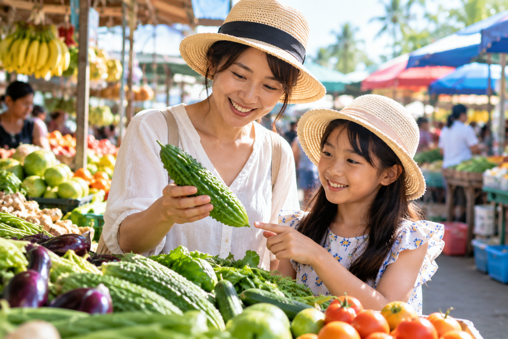 ドゥマゲッティの明るいローカル市場で、母親がゴーヤなどの現地野菜を手に取り、子どもが興味深そうに見ている様子。色鮮やかな野菜や果物、南国らしい市場の風景を背景に、親子で食材を選び、買い物や料理を通して海外生活を経験する場面をイメージした写真風の画像。